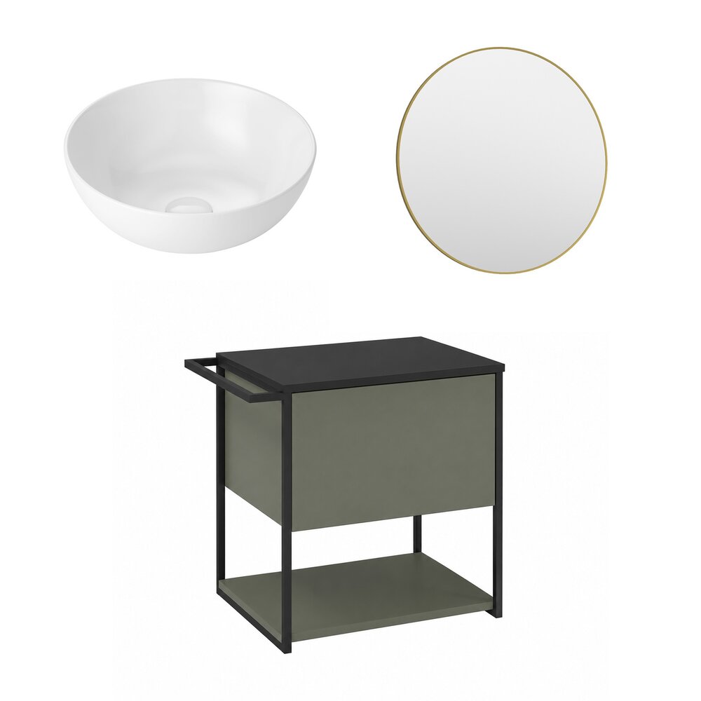 Set dulap baza suspendat Krofam Lov verde-negru 60 cm blat negru cu lavoar 39 cm si oglinda cu rama aurie