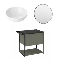 Set dulap baza suspendat Krofam Lov verde-negru 60 cm blat negru cu lavoar 39 cm si oglinda cu rama neagra