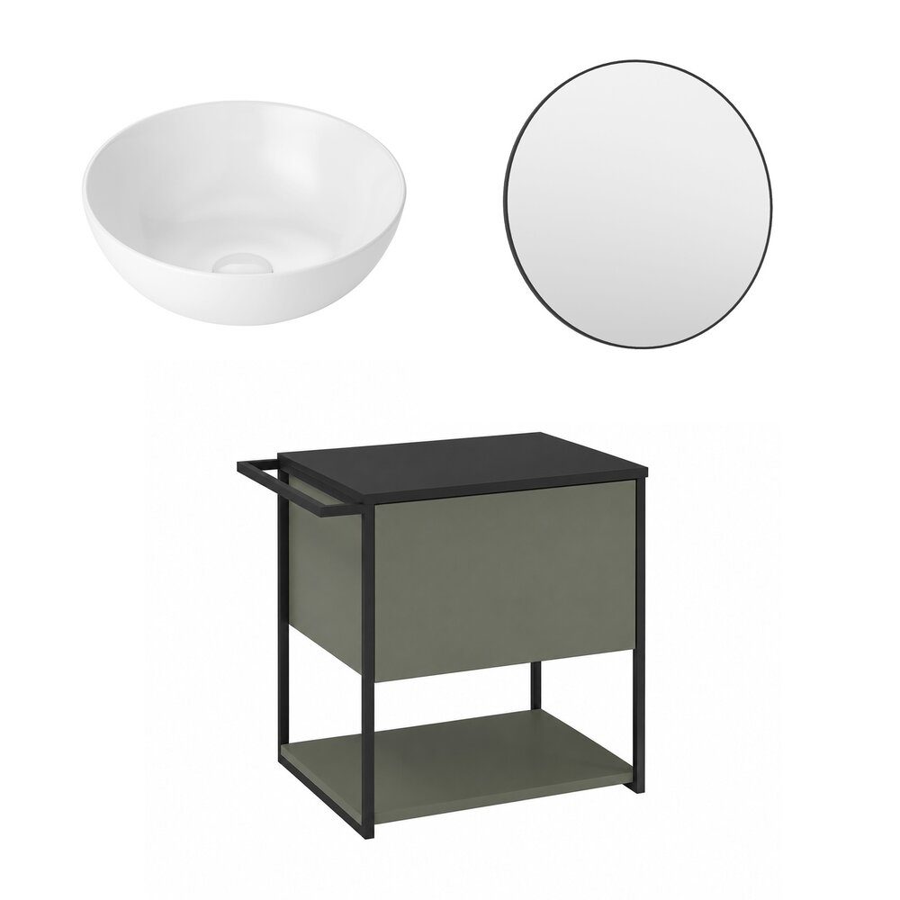 Set dulap baza suspendat Krofam Lov verde-negru 60 cm blat negru cu lavoar 39 cm si oglinda cu rama neagra