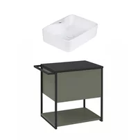 Set dulap baza suspendat Krofam Lov verde-negru 60 cm blat negru cu lavoar 49x38 cm