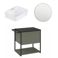 Set dulap baza suspendat Krofam Lov verde-negru 60 cm blat negru cu lavoar 49x38 cm si oglinda cu rama aurie