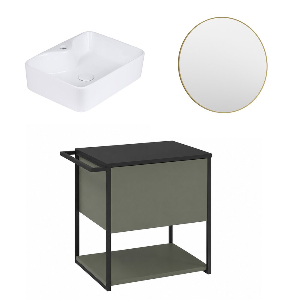 Set dulap baza suspendat Krofam Lov verde-negru 60 cm blat negru cu lavoar 49x38 cm si oglinda cu rama aurie