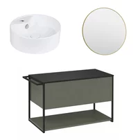 Set dulap baza suspendat Krofam Lov verde-negru 80 cm blat negru cu lavoar 38 cm si oglinda