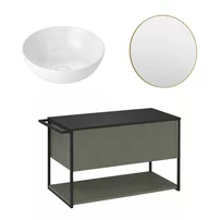 Set dulap baza suspendat Krofam Lov verde-negru 80 cm blat negru cu lavoar 39 cm si oglinda