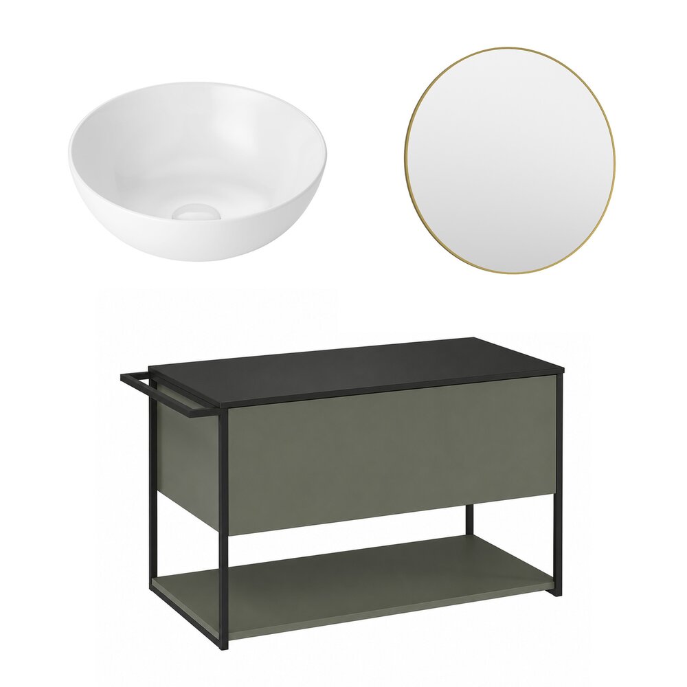 Set dulap baza suspendat Krofam Lov verde-negru 80 cm blat negru cu lavoar 39 cm si oglinda