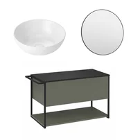 Set dulap baza suspendat Krofam Lov verde-negru 80 cm blat negru cu lavoar 39 cm si oglinda