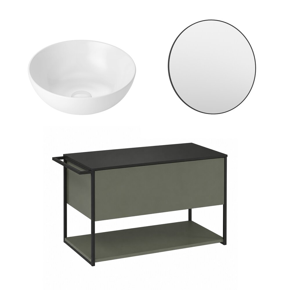 Set dulap baza suspendat Krofam Lov verde-negru 80 cm blat negru cu lavoar 39 cm si oglinda
