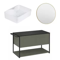 Set dulap baza suspendat Krofam Lov verde-negru 80 cm blat negru cu lavoar si oglinda