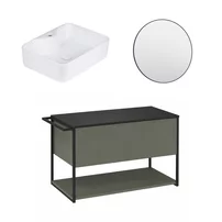 Set dulap baza suspendat Krofam Lov verde-negru 80 cm blat negru cu lavoar si oglinda