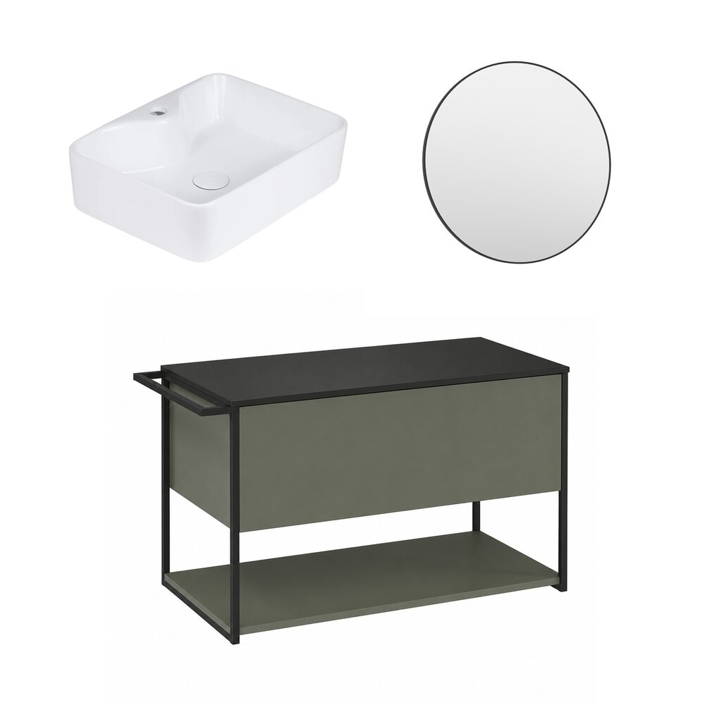 Set dulap baza suspendat Krofam Lov verde-negru 80 cm blat negru cu lavoar si oglinda