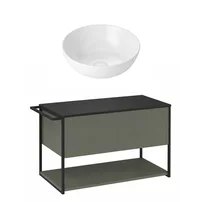 Set dulap baza suspendat Krofam Lov verde-negru 80 cm blat negru si lavoar 39 cm