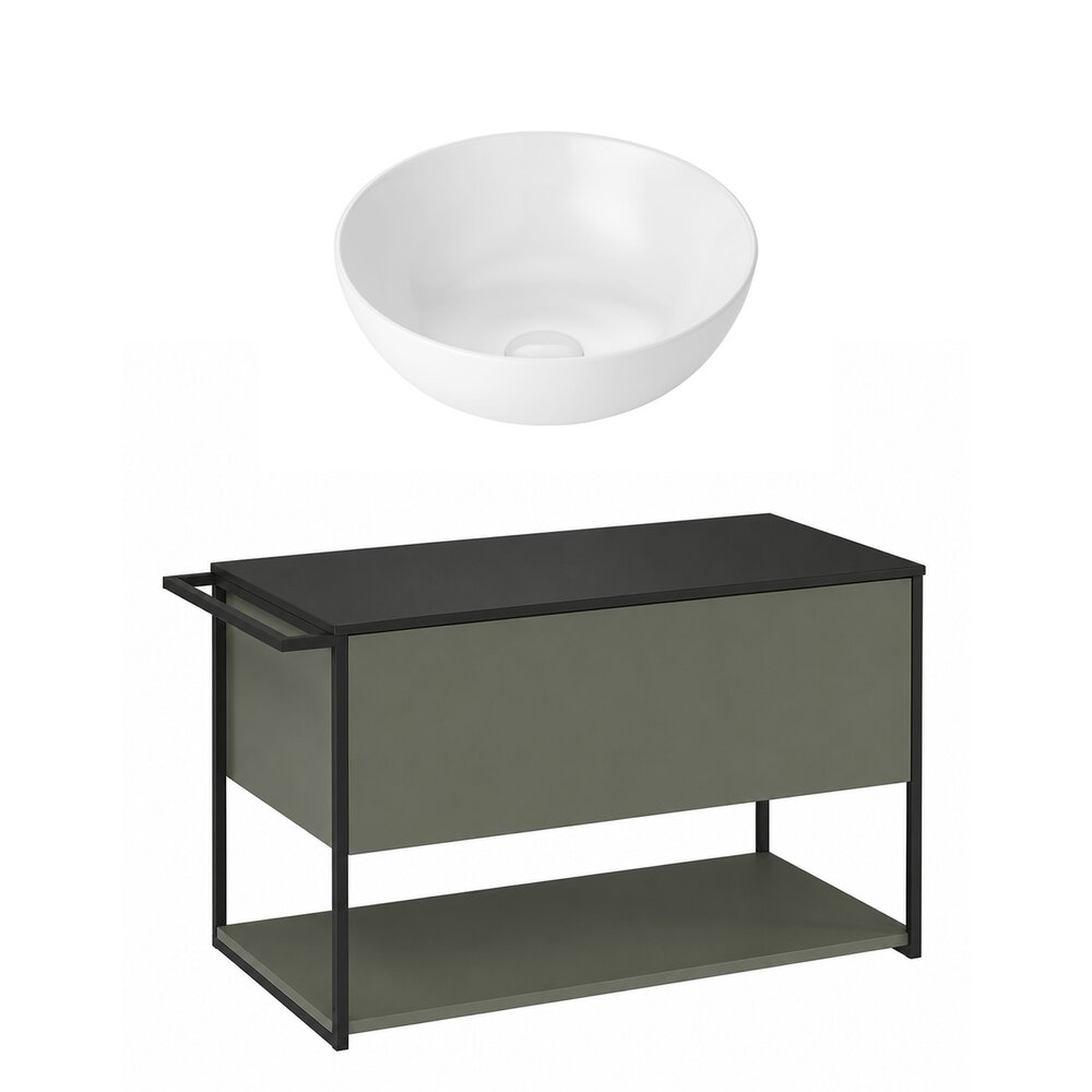 Set dulap baza suspendat Krofam Lov verde-negru 80 cm blat negru si lavoar 39 cm