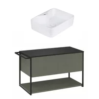 Set dulap baza suspendat Krofam Lov verde-negru 80 cm blat negru si lavoar 49x38 cm