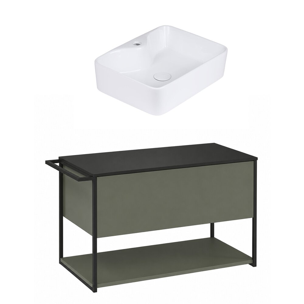 Set dulap baza suspendat Krofam Lov verde-negru 80 cm blat negru si lavoar 49x38 cm