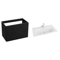 Set dulap baza suspendat Rune Asger 2 sertare 80 cm negru mat si lavoar alb