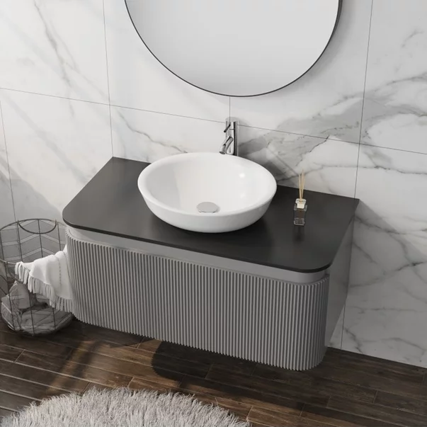 Set dulap baza suspendat Rune Hrafna 1 sertar 100 cm grafit lucios si blat negru picture - 2