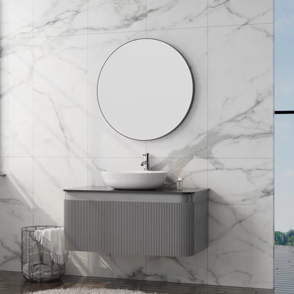 Set dulap baza suspendat Rune Hrafna 1 sertar 100 cm grafit lucios si blat negru picture - 3