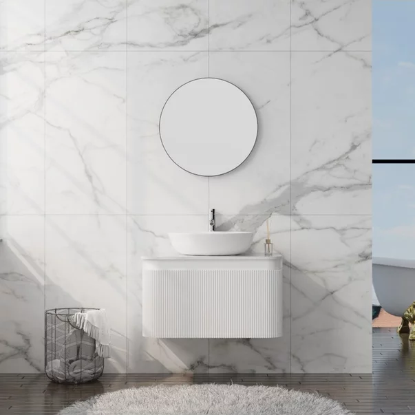 Set dulap baza suspendat Rune Hrafna 1 sertar 80 cm alb lucios si blat alb picture - 3