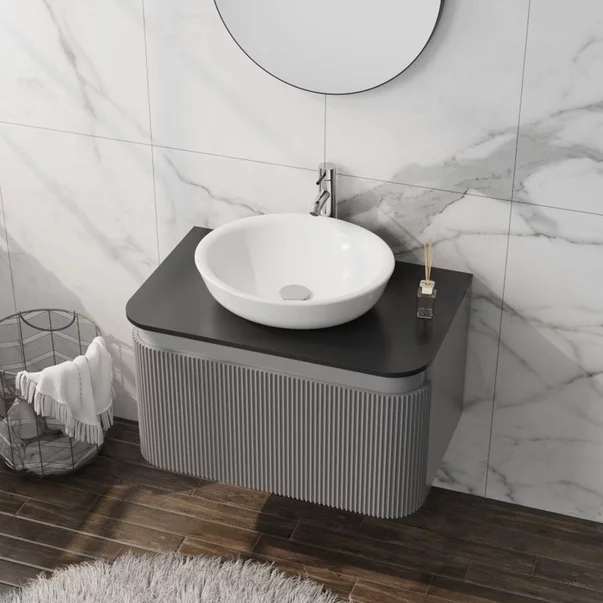 Set dulap baza suspendat Rune Hrafna 1 sertar 80 cm grafit lucios si blat negru picture - 2