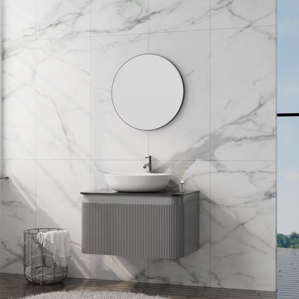 Set dulap baza suspendat Rune Hrafna 1 sertar 80 cm grafit lucios si blat negru picture - 3