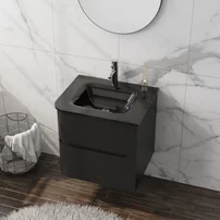 Set dulap baza suspendat Rune Jorunn 2 sertare 60 cm negru mat si lavoar negru