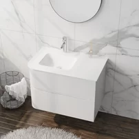 Set dulap baza suspendat Rune Jorunn 2 sertare 80 cm alb lucios si lavoar alb