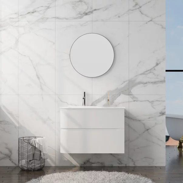 Set dulap baza suspendat Rune Jorunn 2 sertare 80 cm alb lucios si lavoar alb picture - 2