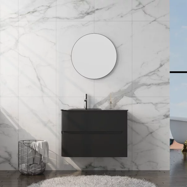 Set dulap baza suspendat Rune Jorunn 2 sertare 80 cm negru mat si lavoar negru picture - 2