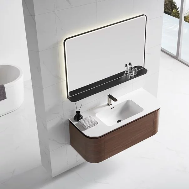 Set dulap baza suspendat Rune Sowilo 3 sertare 100 cm finisaj lemn inchis si lavoar alb picture - 3