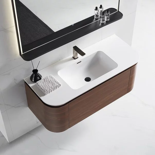 Set dulap baza suspendat Rune Sowilo 3 sertare 100 cm finisaj lemn inchis si lavoar alb picture - 4