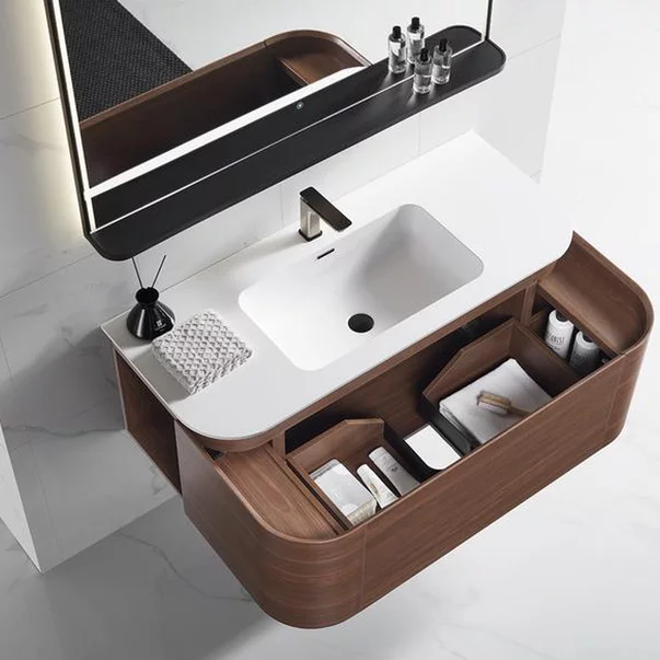 Set dulap baza suspendat Rune Sowilo 3 sertare 100 cm finisaj lemn inchis si lavoar alb picture - 5