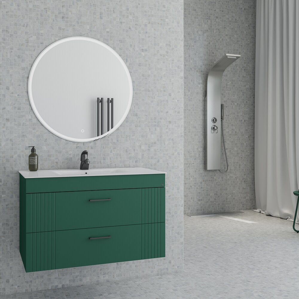 Set dulap baza suspendat verde cu 2 sertare Drop Lines Athena si lavoar alb 80 cm