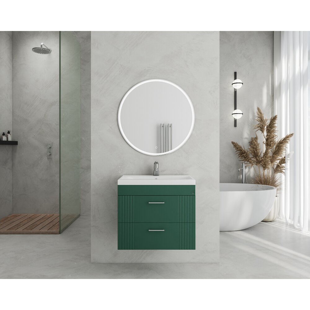 Set dulap baza suspendat verde cu 2 sertare si lavoar alb Drop Lines Diana 60 cm