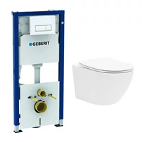Set rezervor incastrat Geberit Duofix cu set de fixare, clapeta alba Delta51 plus vas WC Rune Ivaldi alb cu capac slim softclose
