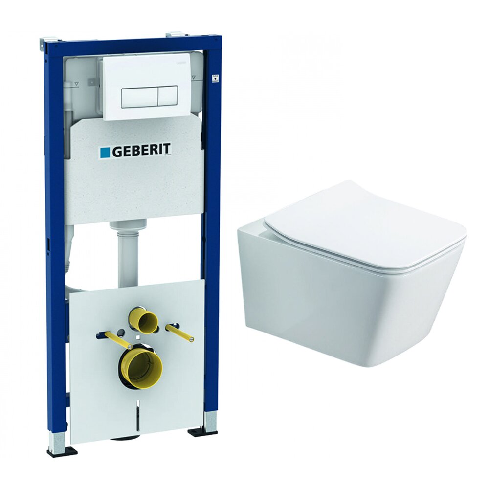Set rezervor incastrat Geberit Duofix cu set de fixare, clapeta alba Delta51 plus vas WC Rune Jord alb cu capac slim softclose