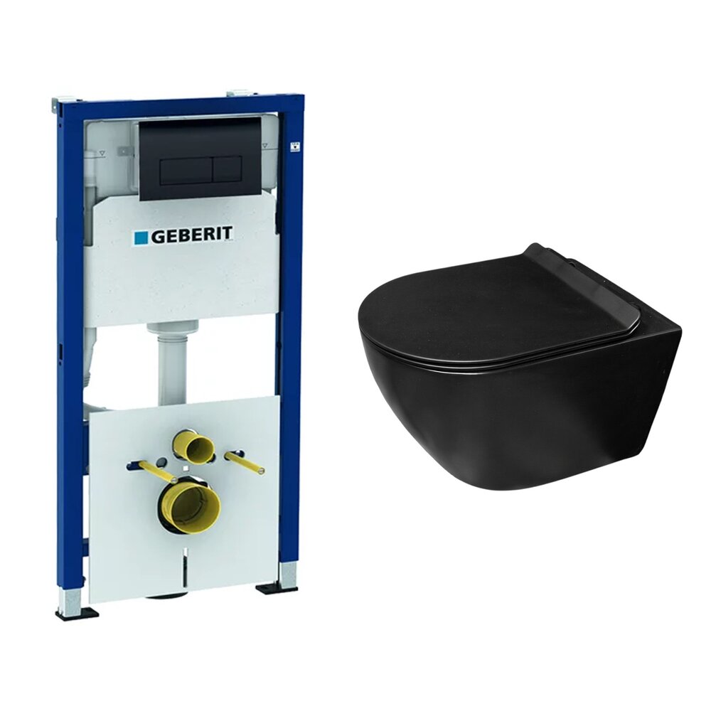 Set rezervor incastrat Geberit Duofix cu set fixare si clapeta Delta negru lucios plus vas WC Rune Ivaldi Grande cu capac softclose