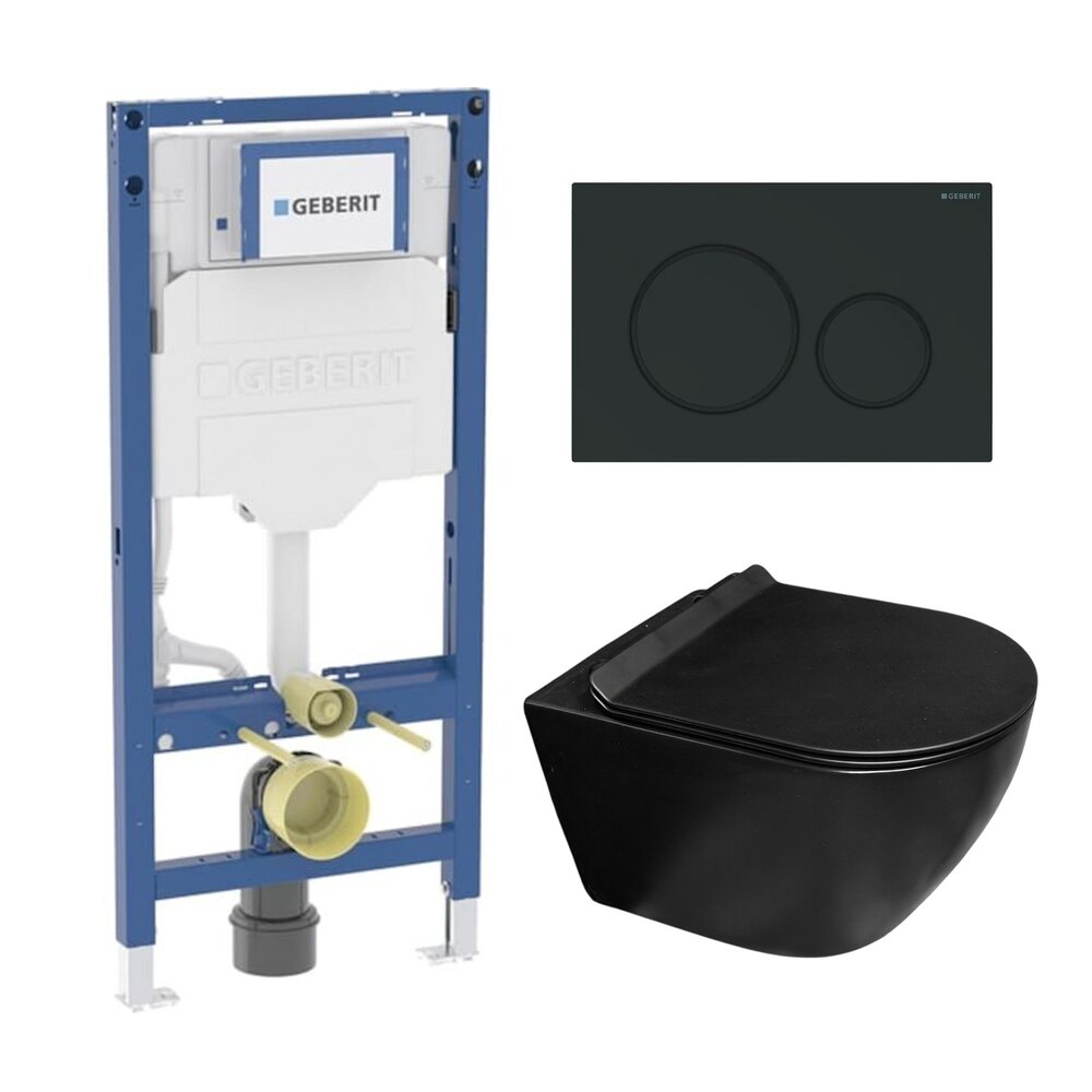 Set rezervor incastrat Geberit Duofix cu set fixare si clapeta Sigma01 negru lucios plus vas WC Rune Ivaldi Grande cu capac softclose