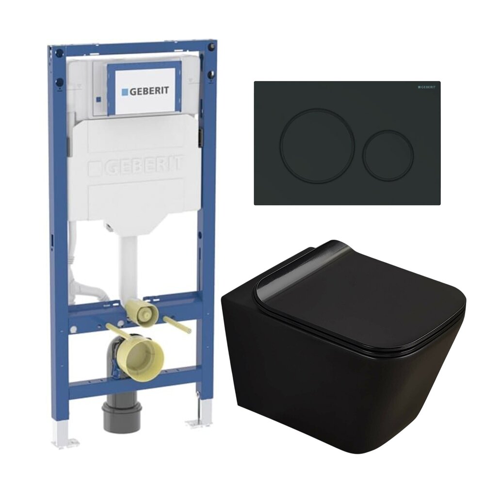 Set rezervor incastrat Geberit Duofix cu set fixare si clapeta Sigma01 negru lucios plus vas WC Rune Jord cu capac softclose