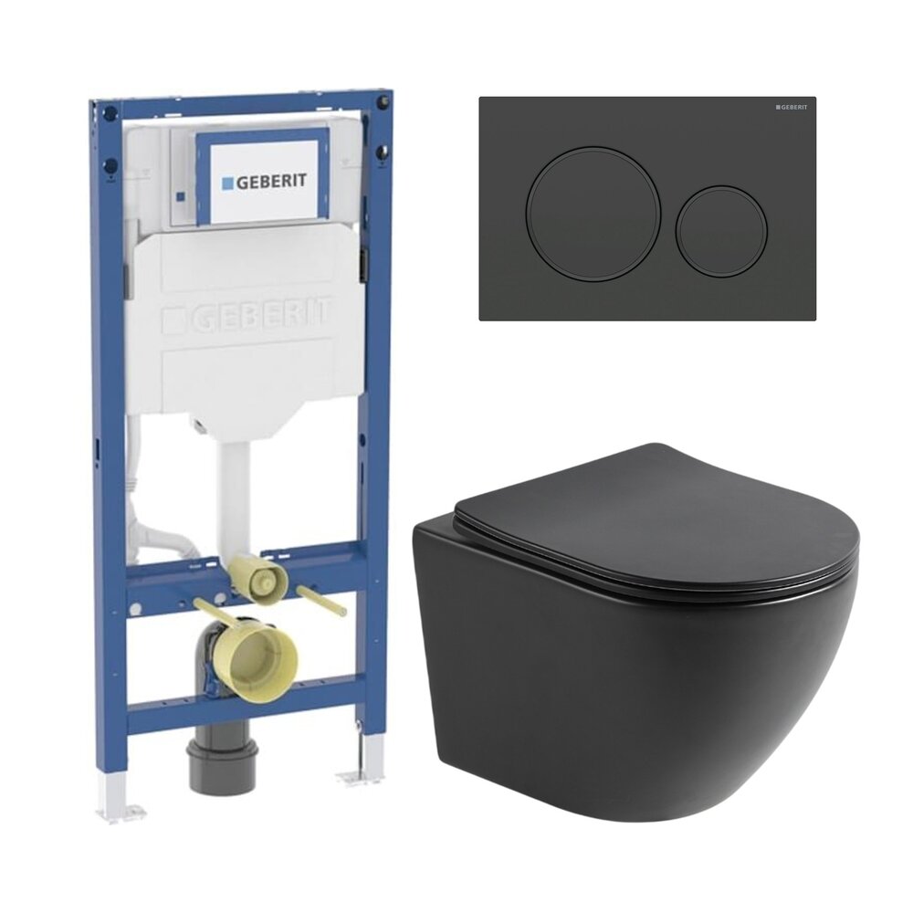 Set rezervor incastrat Geberit Duofix cu set fixare si clapeta Sigma20 negru mat plus vas WC Rune Ivaldi cu capac softclose