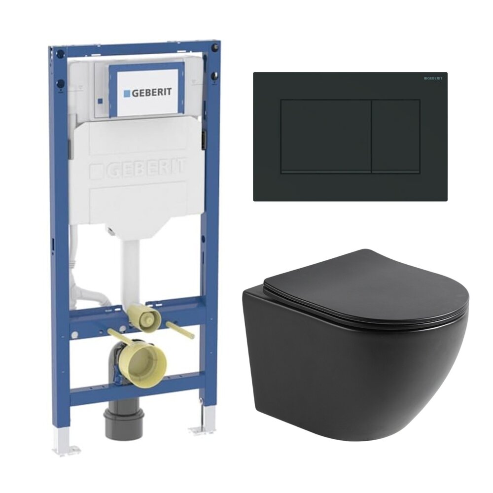 Set rezervor incastrat Geberit Duofix cu set fixare si clapeta Sigma20 negru mat plus vas WC Rune Ivaldi cu capac softclose
