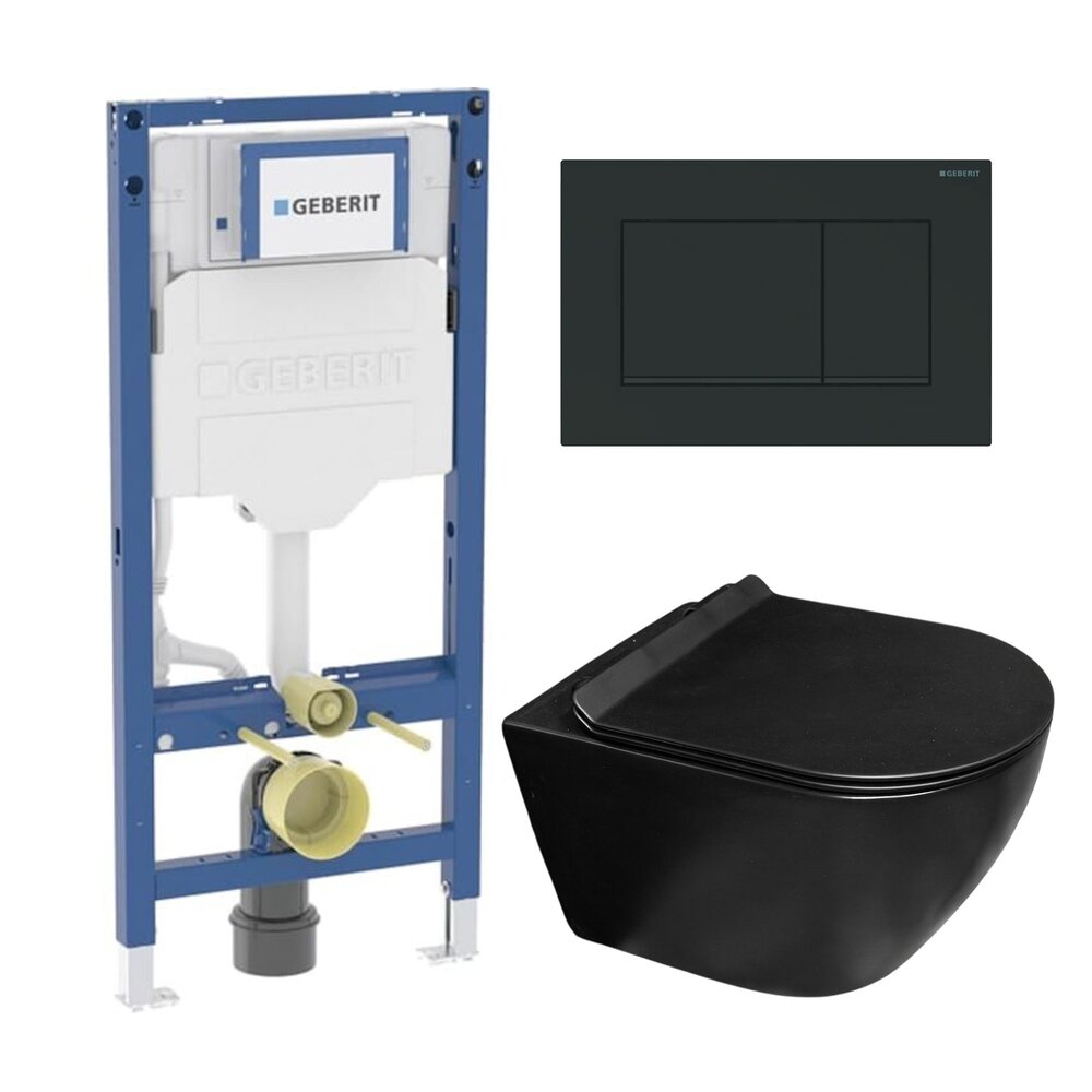 Set rezervor incastrat Geberit Duofix cu set fixare si clapeta Sigma20 negru mat plus vas WC Rune Ivaldi Grande cu capac softclose