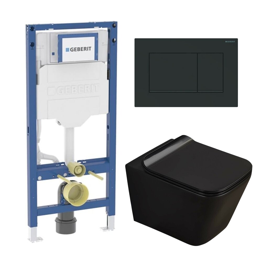 Set rezervor incastrat Geberit Duofix cu set fixare si clapeta Sigma20 negru mat plus vas WC Rune Jord cu capac softclose