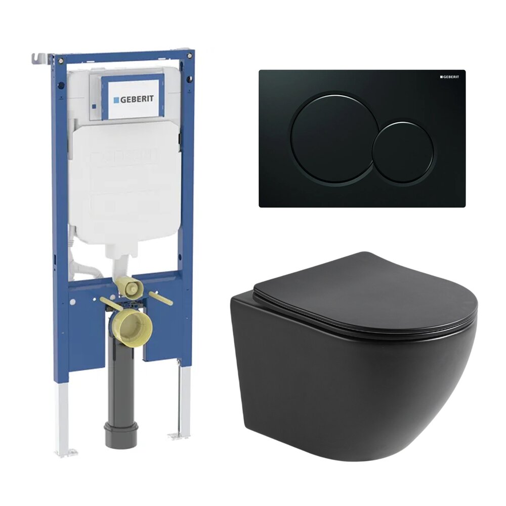 Set rezervor incastrat Geberit Duofix cu sistem de prindere, clapeta neagra Sigma01 plus vas WC suspendat Rune Ivaldi cu capac softclose