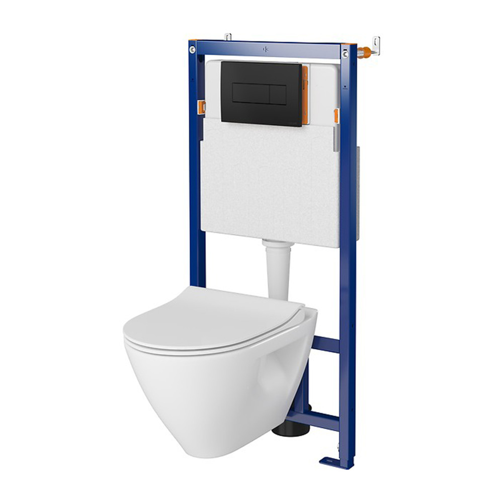 Set rezervor WC cu cadru B625 Cersanit Tech Line Opti si clapeta A1 negru plus vas WC Mille Plus cu capac alb