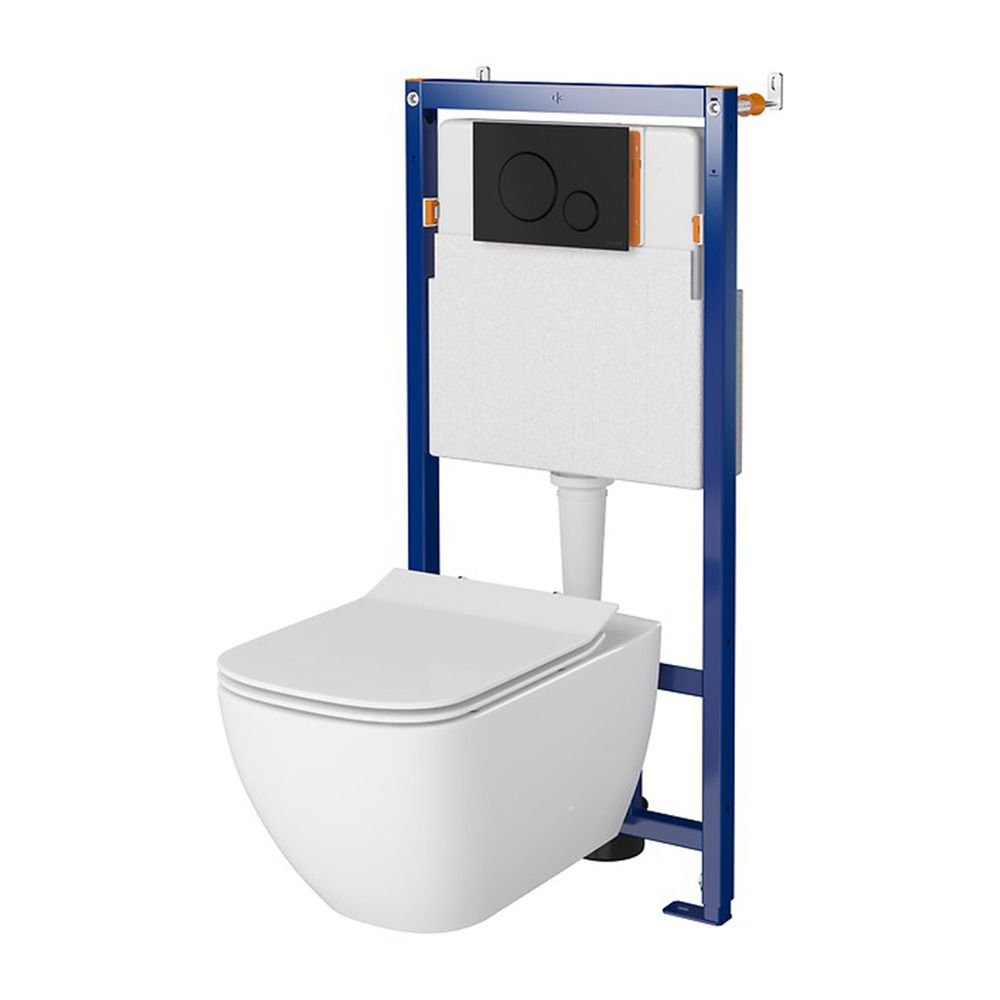 Set rezervor WC cu cadru B631 Cersanit Tech Line Opti si clapeta B2 negru plus vas WC Virgo cu capac alb
