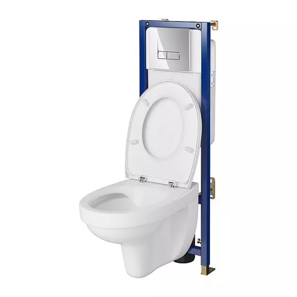 Set rezervor WC cu cadru B677 Cersanit Tech Line Base si clapeta Smart crom plus vas WC Cersania cu capac alb picture - 2