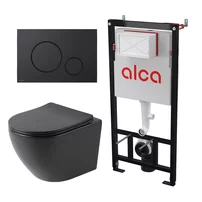 Set rezervor WC cu cadru incastrat Alca AM101/1120 si clapeta de actionare M678 negru mat plus vas WC suspendat Rune Ivaldi cu capac softclose