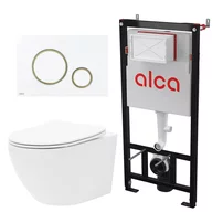 Set rezervor WC cu cadru incastrat Alca AM101/1120 si clapeta de actionare Thin M775 alb - auriu plus vas WC Rune Ivaldi alb cu capac softclose