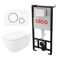 Set rezervor WC cu cadru incastrat Alca AM101/1120 si clapeta de actionare Thin M775 alb - auriu plus vas WC Rune Ivaldi Grande alb cu capac softclose