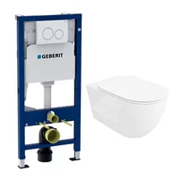 Set rezervor WC cu cadru incastrat Geberit Duofix cu set fixare si clapeta alba Delta20 plus vas WC Rune Ivaldi Grande alb cu capac slim softclose